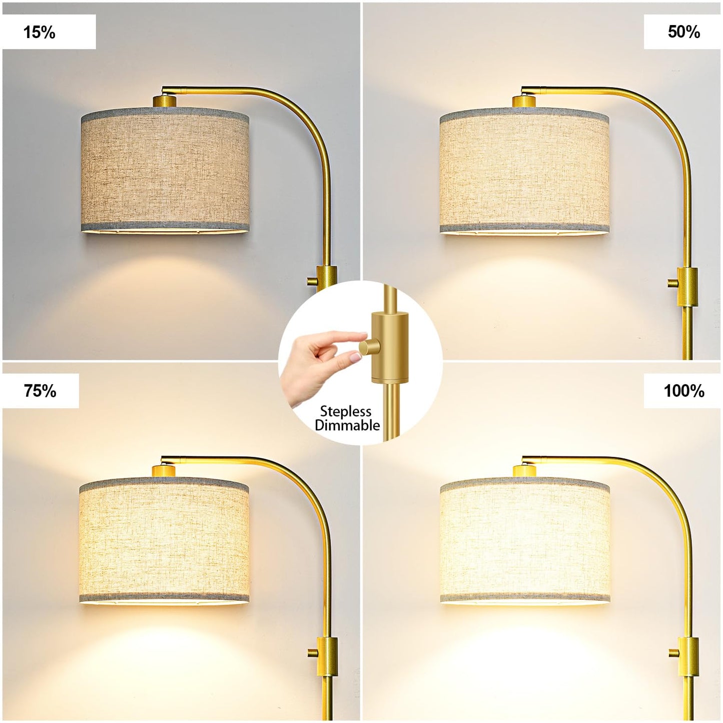 Nintiue Upgraded Modern Arc Dimmable Tall Standing Floor Lamp with Linen Shade, 1200 Lumens LED Bulb Included, for Living & Reading Room, Bedroom, Office & Nursery, Gold