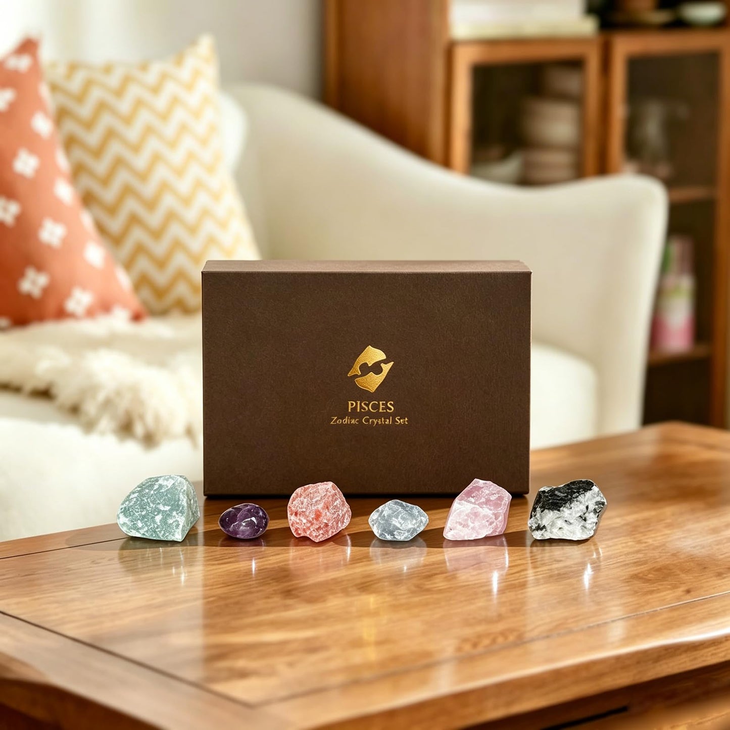 Juliful Unic Pisces Zodiac Set – 6 Crystals for Emotional Balance & Intuition, Includes Moonstone, Sunstone, Celestite + 3 in Luxury Box, Astrology Crystals Healing Stones Gifts