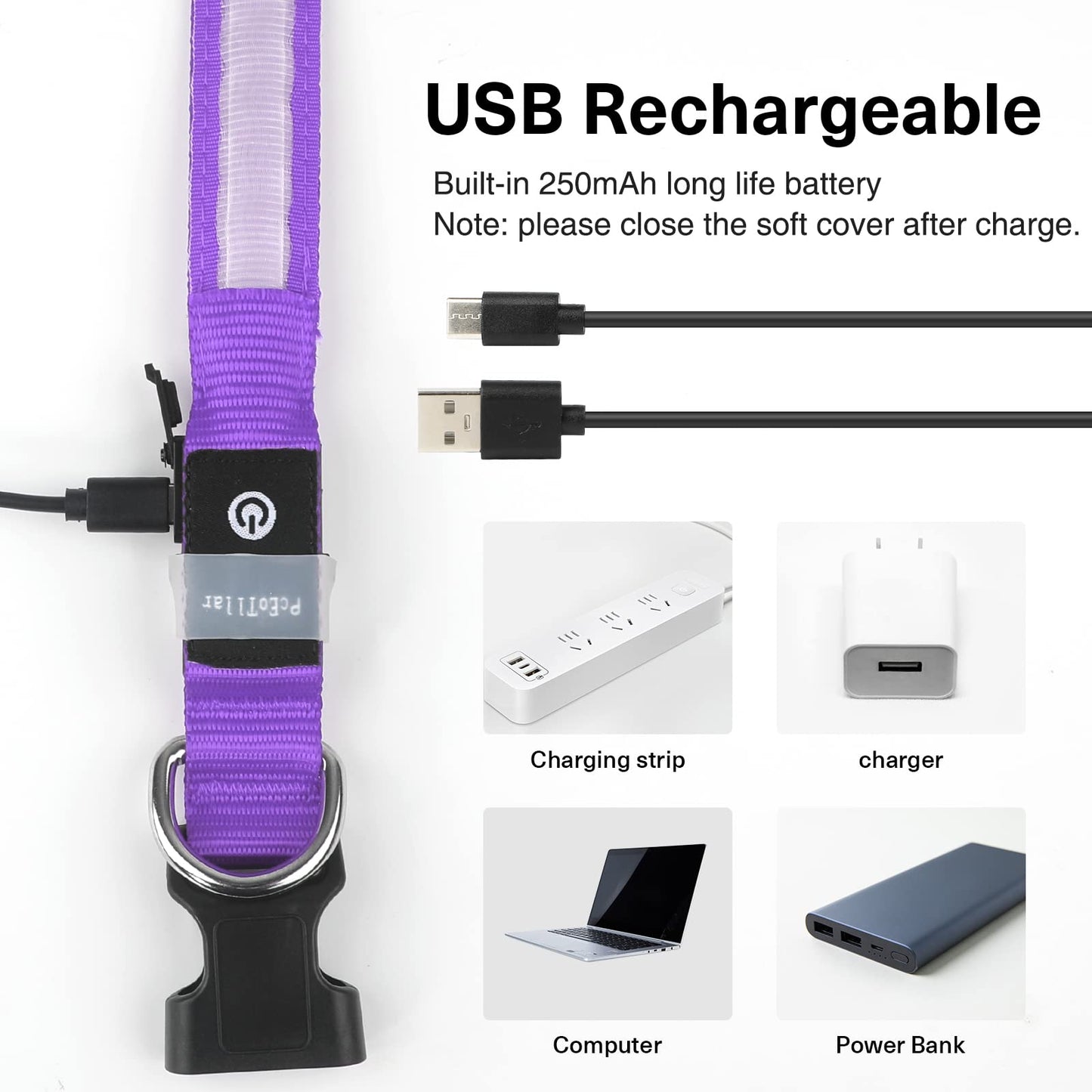 PCEoTllar Light Up Collar - Rechargeable Flashing LED Collar for Small, Medium & Large Dogs - Waterproof, 7 Colors Glowing, Purple (8 Mode)