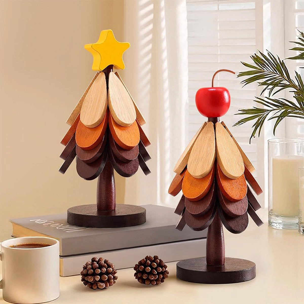 3 Pcs Wooden Trivets for Hot Dishes with Storage Stored, 5.7" Foldable Christmas Tree Shaped Trivets Set, Heat Resistant Hot Pads for Hot Pots Bowl Teapot, Kitchen Decor for Quartz Counter (Apple)