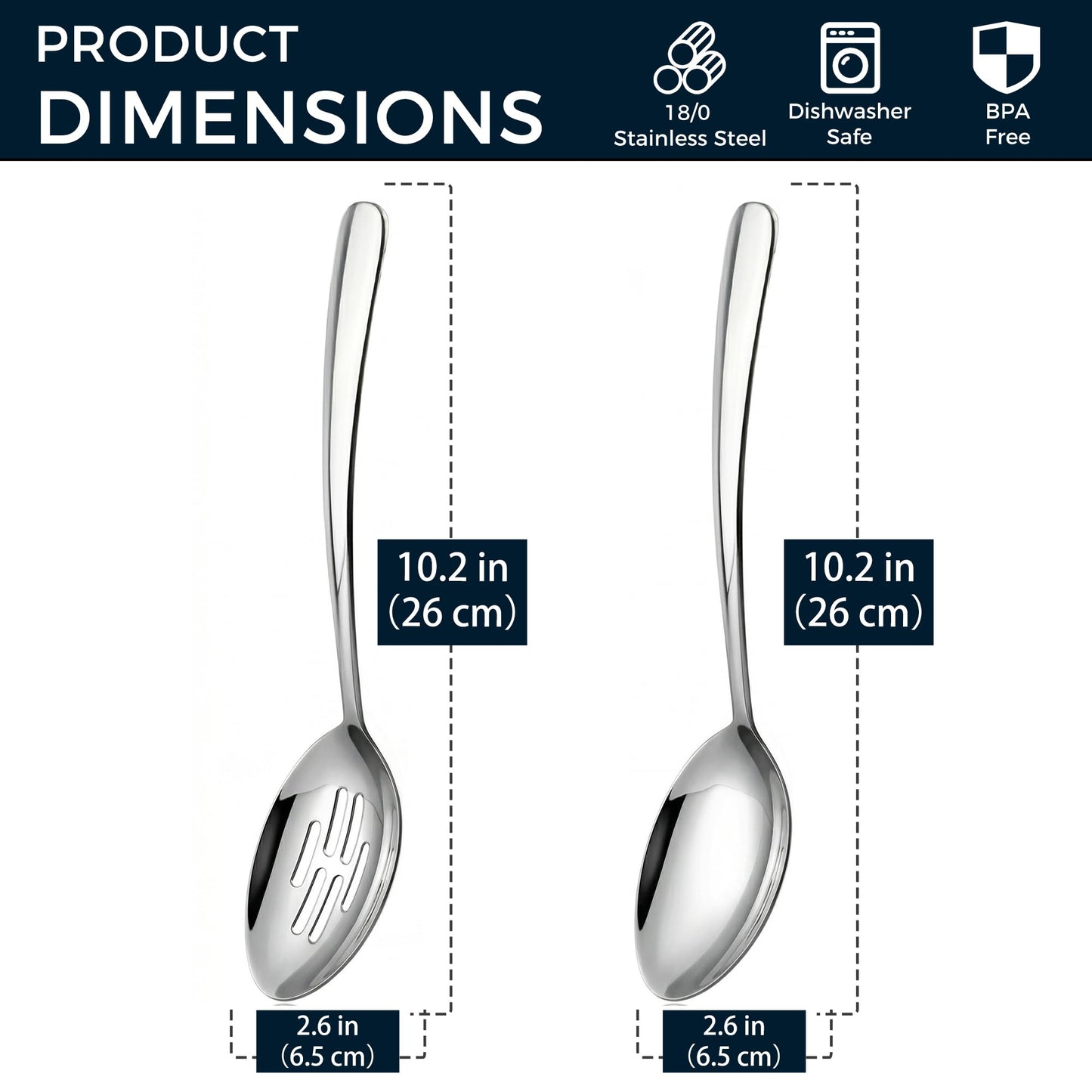 10.3-in Large Serving Spoons Set, 18/0 Stainless Steel, Heavy Duty, 2 Serving & 2 Slotted for Wedding Party Buffet Housewarming, Pack of 4