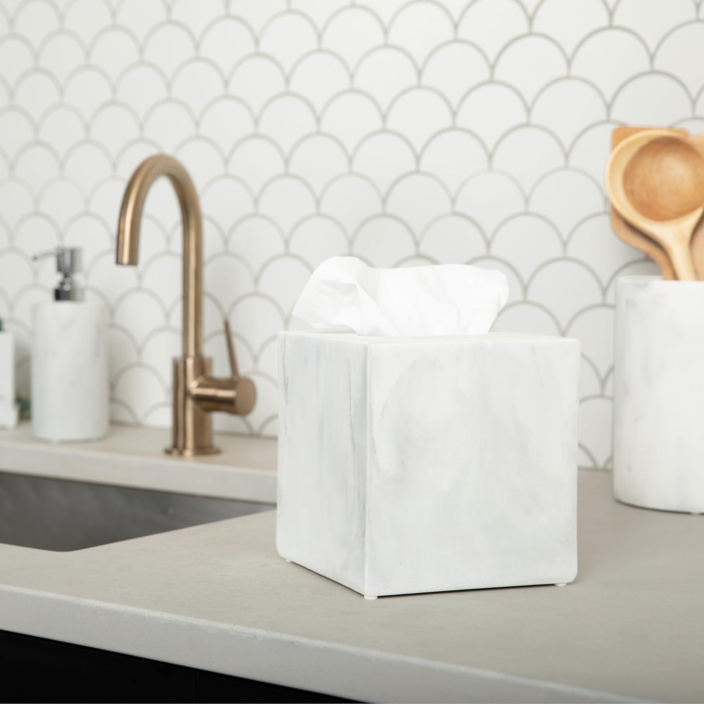 Essentra Home White Marble Square Tissue Box Cover - Blanc Collection