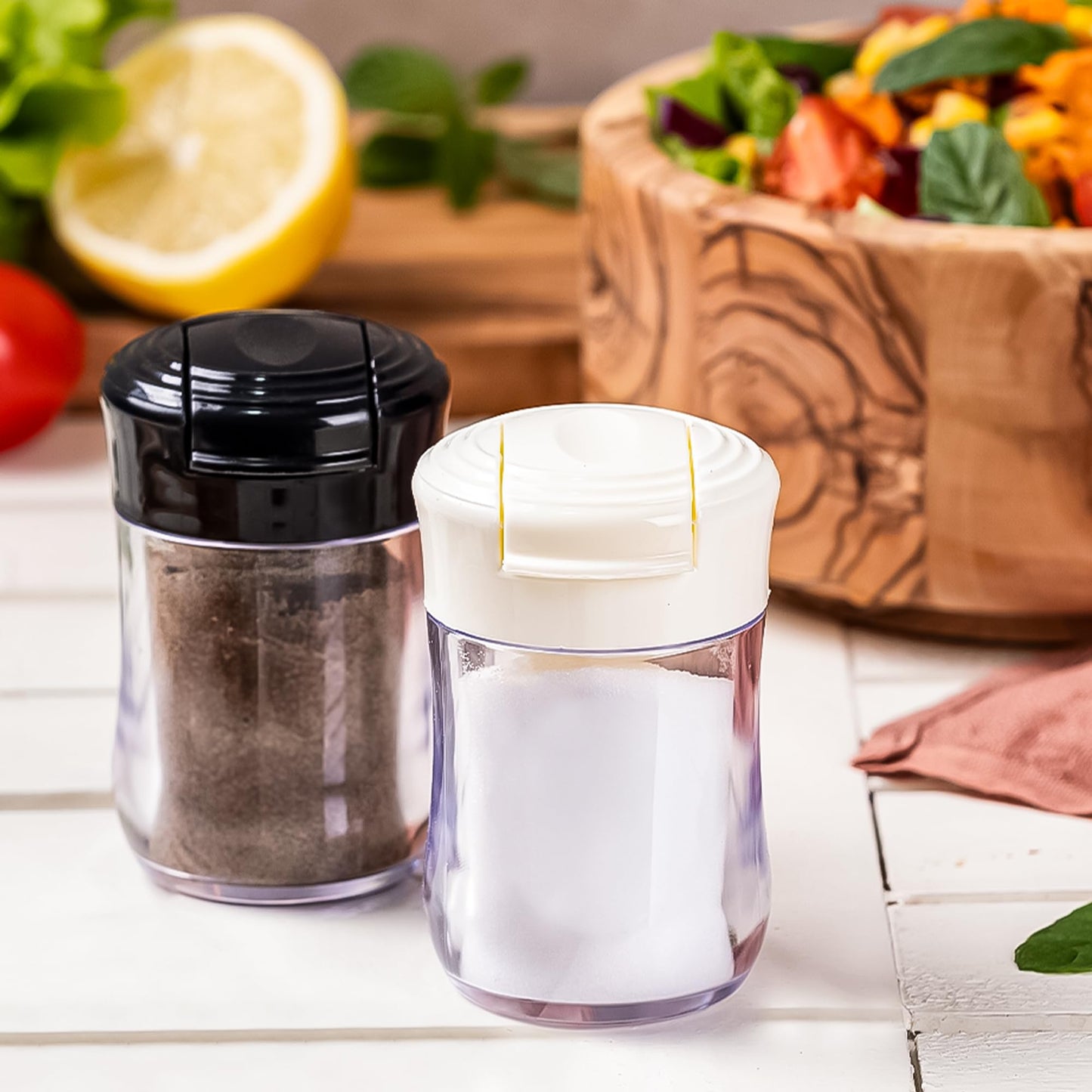 CRYSTALIA Clear Plastic Camping Salt and Pepper Shakers, 2 Pack Mini Salt and Pepper Shakers with Lid, BPA Free Plastic Condiment Containers for Picnic, Camping, Travel, Work, Purse, Catering