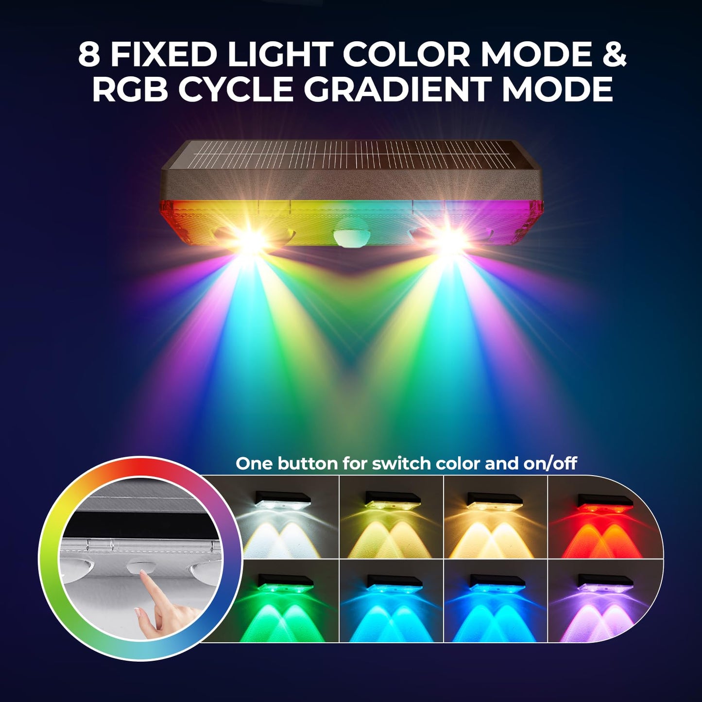 Flyingod Solar Fence Lights Outdoor 8 Pack – IP65 Waterproof Wireless Solar Deck Lights with 9 Color Modes, 80 Lumen Bright LED for Fence, Backyard, Patio, Pool, Wall – 12+ Hour Runtime, No Wiring