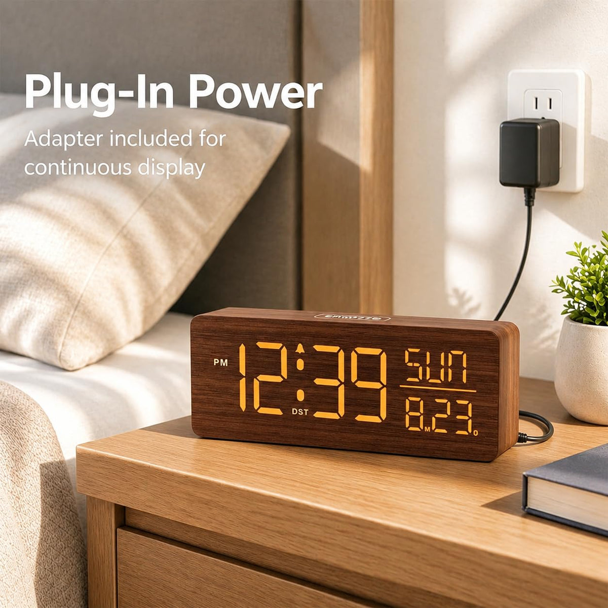 Peakeep Wooden Digital Alarm Clock Large Display, Textured Desk Table Decoration for Bedroom, Living Room, Plug in Clock with Time Date Day, 5 Brightness, Auto DST