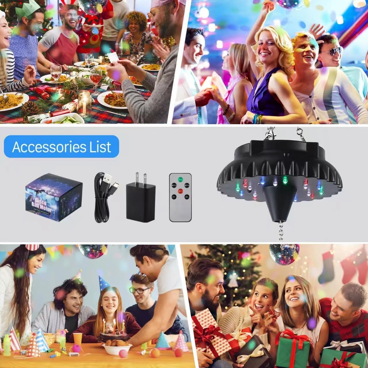 Disco Ball Motor Rotating with Light: Rechargeable Disco Ball Spinner with Remote Adjustable Speed - 18 RGBW LED Light for Wedding Party Decor