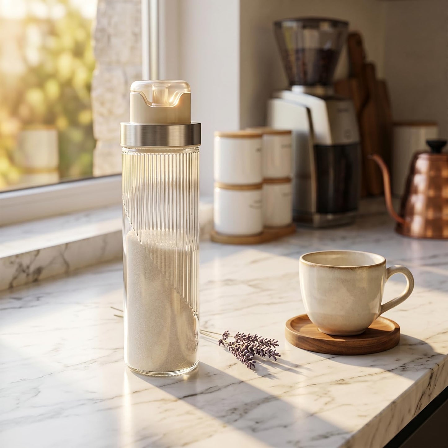shuielai 22 oz Large Glass Sugar Dispenser with Pour Spout, Anti-Slip Ribbed Glass Container, Large Capacity Shaker Jar for Sugar Salt Coffee and Kitchen Baking