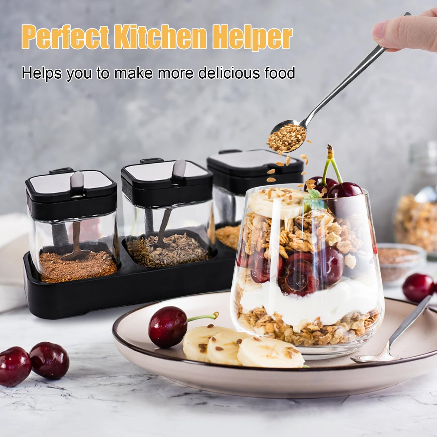 6Pcs Glass Condiment Container Spice Jar with Lids and Spoons, SHAIDOJIO 8.6oz Clear Condiment Canister Pot with Tray and Label, Seasoning Box Salt Container Sugar Bowl for Kitchen Home Table(2 Sets)