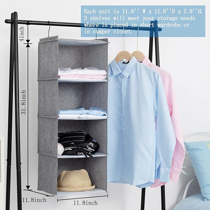 Hanging Closet Organizer, Easy Mount Collapsible 4-Shelf Camper Closet Wardrobe