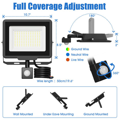 loyal Security Lights Outdoor Motion Sensor, 100W PIR Sensor Security Light Detachable 9000LM 6500K Cold White LED Outdoor IP65 Waterproof Floodlight for Garage Garden