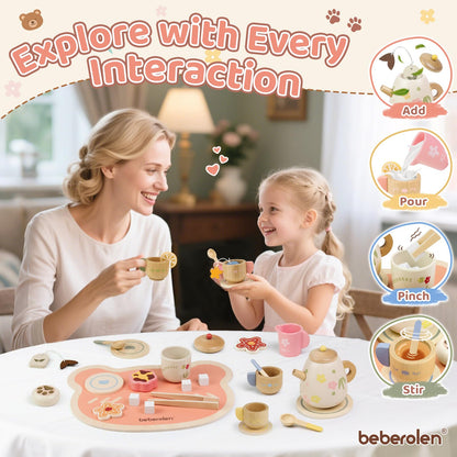 Beberolen Tea Party Set for Toddlers 3-5 Girls Boy Birthday Gift Pretend Play Food Wooden Picnic Outdoor Toys Kids Age 2 3 4 5 6 Educational Wood Toy