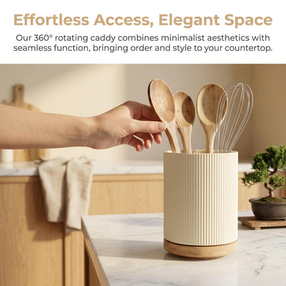 QUELIEN Utensil Holder, 360° Rotating Ceramic Kitchen Utensil Holder for Countertop, 7.7" Utensil Crock for Kitchen Counter with Rotatable Wooden Base,Ideal Housewarming Gift & Mothers Day Gift