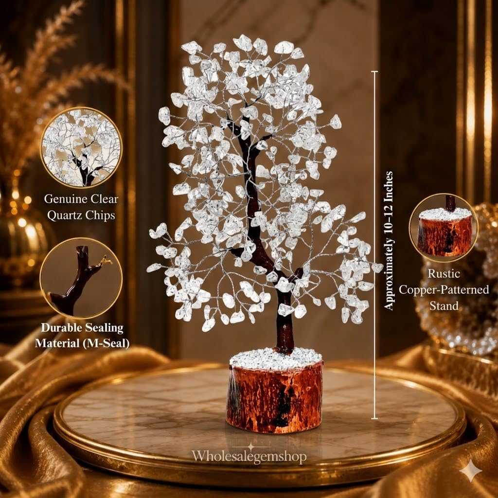 Gemscite Gemstone Clear Quartz Tree Size 10-12" Handmade Feng Shui Figurine Money Bonsai Good Luck Healing Crystals - Silver Wire Balancing Decoration Table Room Decor Gift