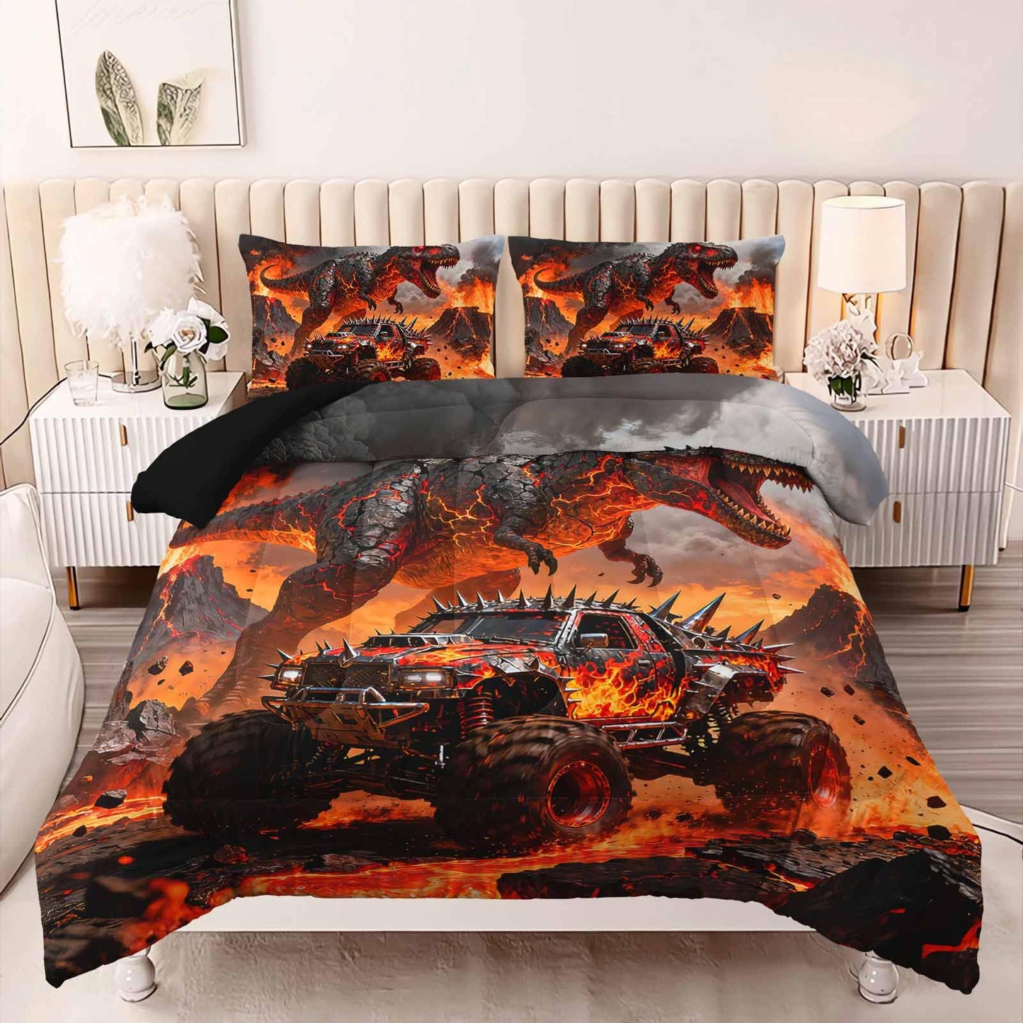 AILONEN Dino Monster Truck Comforter Set Twin 3 Piece - Black Volcano Flame Bedding for Kids Boys - Soft Microfiber with 2 Pillowcases