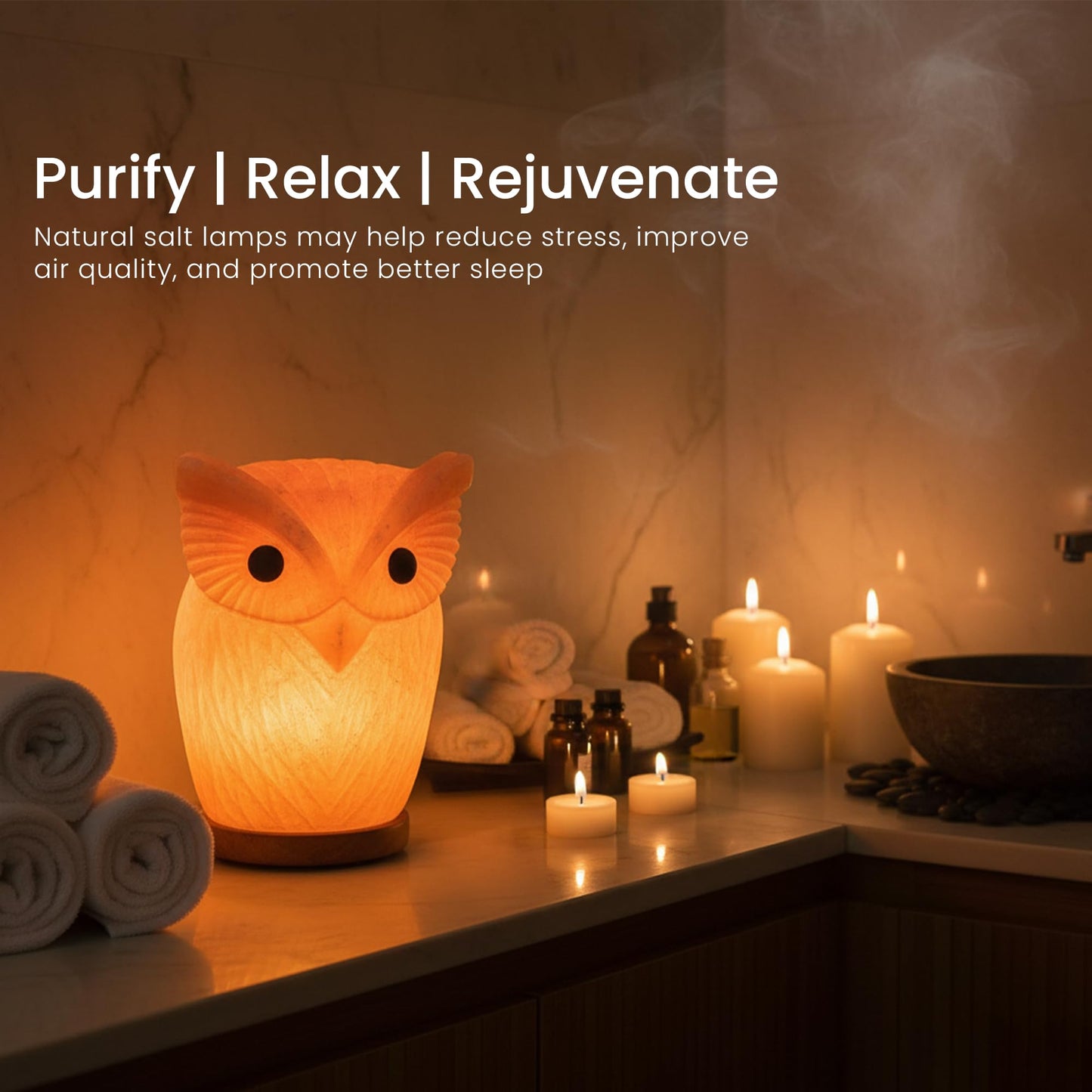 Himalayan Salt Lamp Owl Shape – 7 Inch High, 4.4 lbs, Hand-Crafted Natural Pink Rock Salt Lamp with Wooden Base & Dimmer Cable