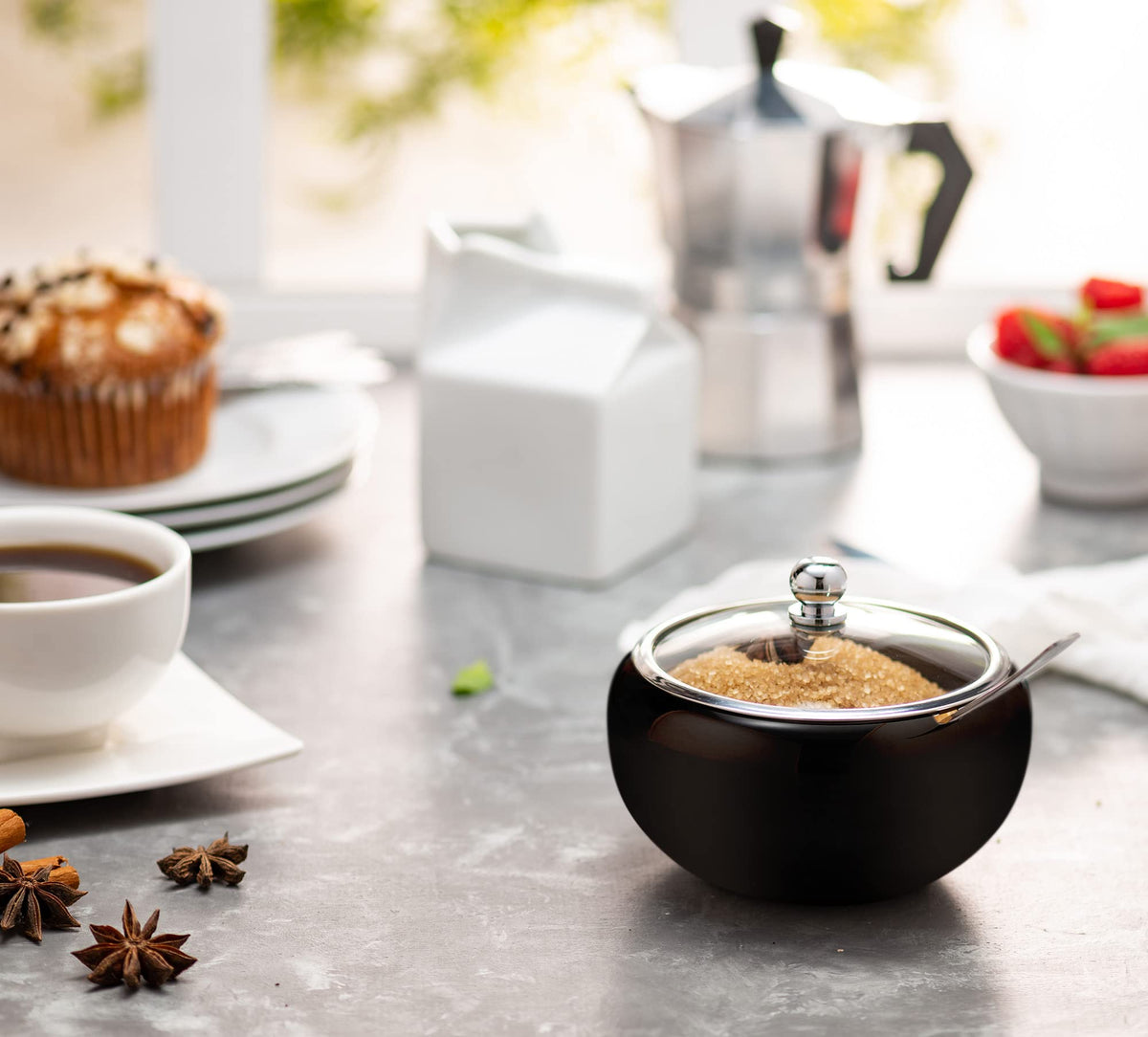 KooK Sugar Bowl, Sugar Bowl with Lid and Spoon, Sugar Container with Lid, for Salt, Coffee, Holds 2 Cups, Dishwasher Safe, Matte Black, 16 Oz