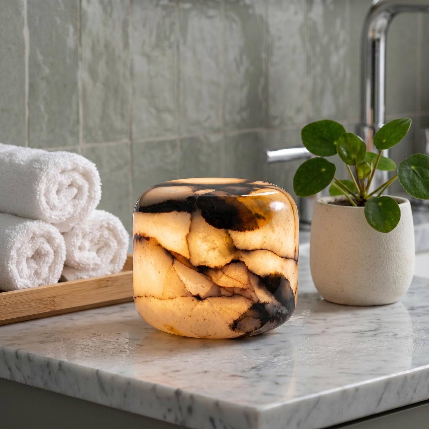 Lierlava Natural Marble Lamp, Cordless Rechargeable Tap Light, 3-Way Dimmable Ambient Stone Glow Lamp, Portable Zen Decor Gift for Bedroom Desk Shelf