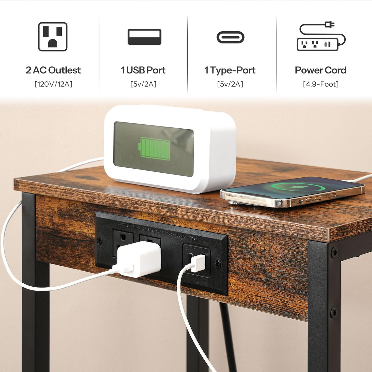 HOOBRO Tall End Table with Charging Station, 30 Inch Slim Tall Nightstand, 3-Tier Narrow Side Table with Adjustable Shelf, for Living Room, Bedroom, Small Space, Hallway, Rustic Brown BF09UDH01G1