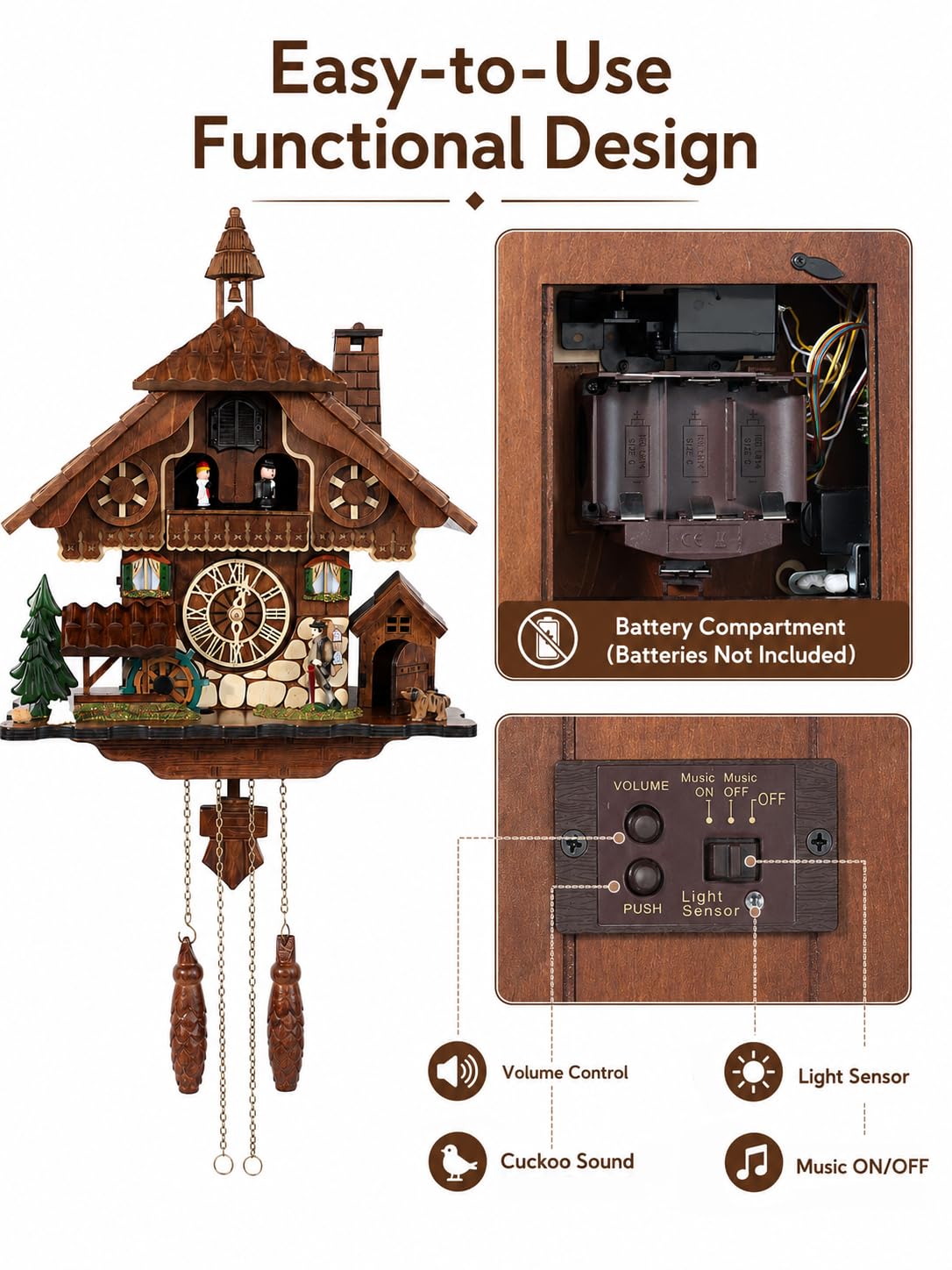 Cuckoopro Cuckoo Clock, Black Forest Style Wooden Pendulum Quartz Wall Clock, Volume Control, Night Silent, Gift Package, Professional Service