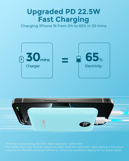 VEEKTOMX Small Portable Charger 10000mAh, Mini Power Bank 22.5W Fast Charging, Slim & Lightweight Travel Essentials, 3-Output External USB C Battery Pack Compatible with iPhone 17 16 15 (Dark Black)