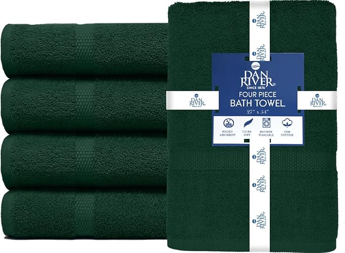 DAN RIVER Bath Towels Set of 4, 27 x 54 Inches, 100% Cotton, Larger & Lighter
