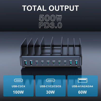 chipofy 500W Charging Station for Multiple Devices, 10-Port Multi USB C Fast Charger Station with Organizer Stand for MacBook Laptop, iPad, iPhone 17 16 Pro Max, Galaxy S25/S24 and More