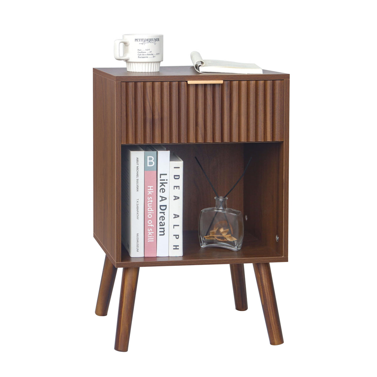 Fultyle Walnut Nightstand, Modern Night Stand with Fluted Drawer and Open Storage, Wooden Bedside Table with Solid Wood Legs for Bedroom, Living Room, Office (Walnut Brown)
