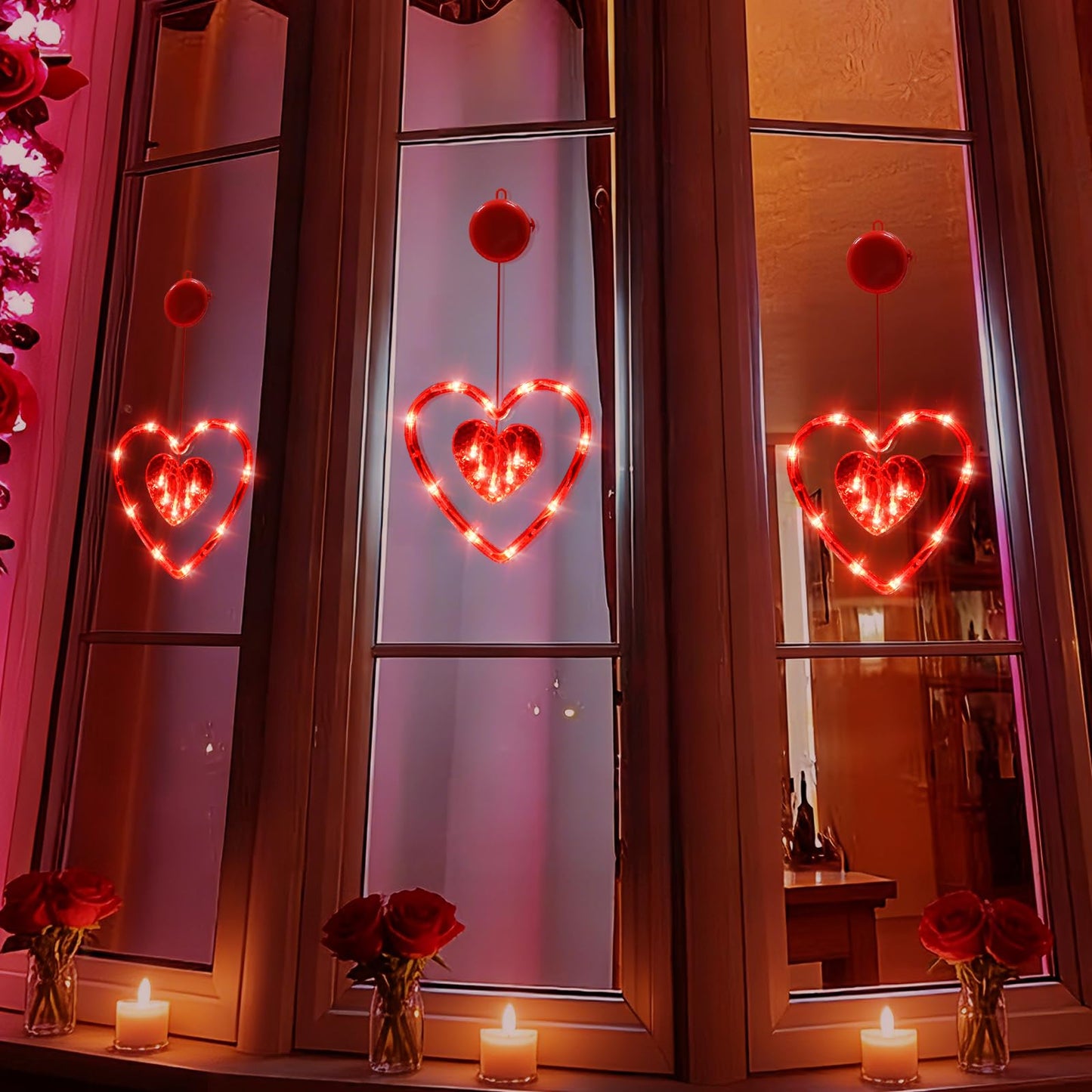LOLStar Valentines Day Window Lights Decor with Timer, 3 Pack Battery Operated Red Heart-Shaped Window Decorations Silhouette Sucker LED Lamp Slow Fade Mode Romantic Light for 2026 Holiday Indoor Home