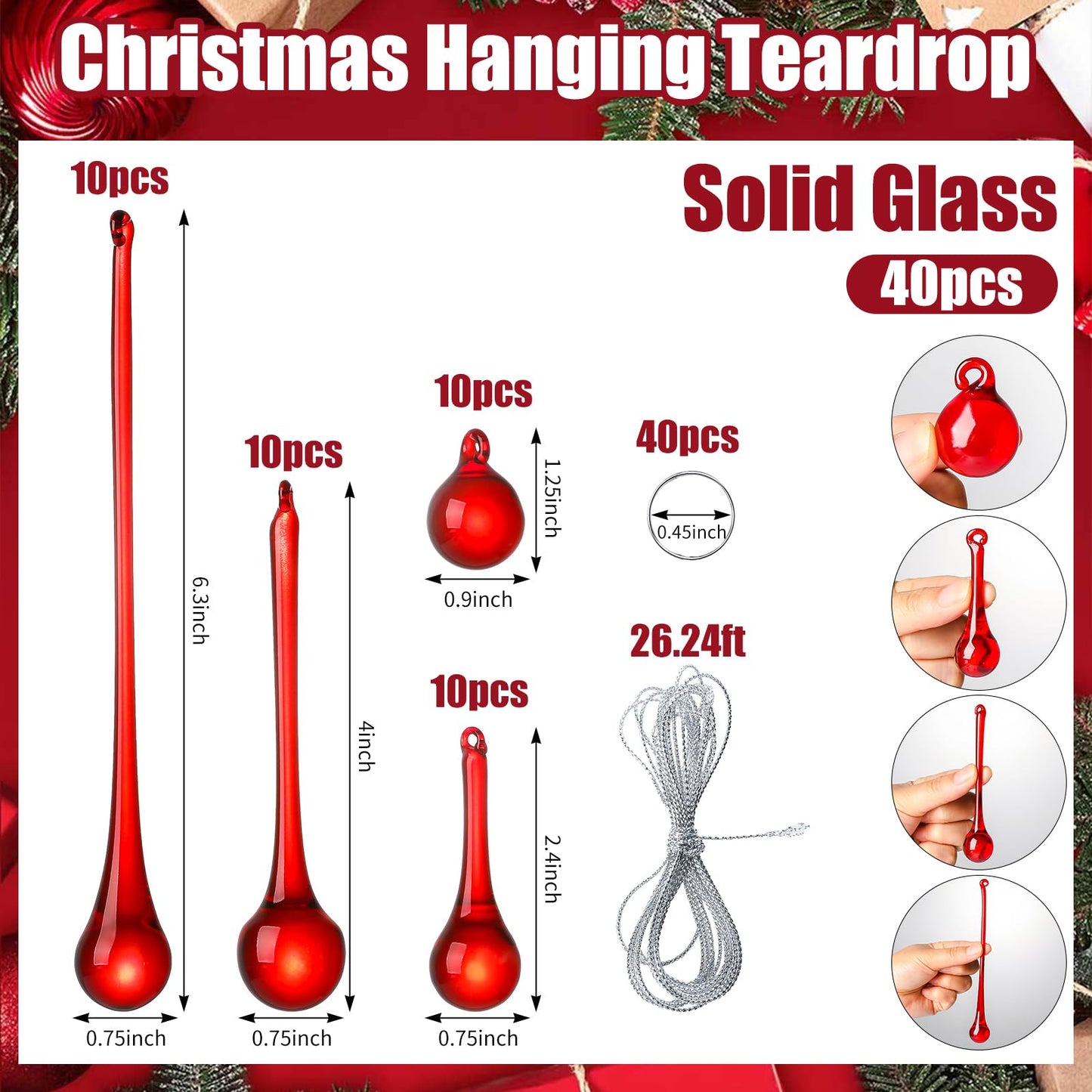 LONGWIN 40pcs Red Crystal Glass Teardrop Ornaments for Christmas Tree, Chandelier Crystals Replacement Parts, 4 Styles Xmas Raindrop Centerpiece Decor