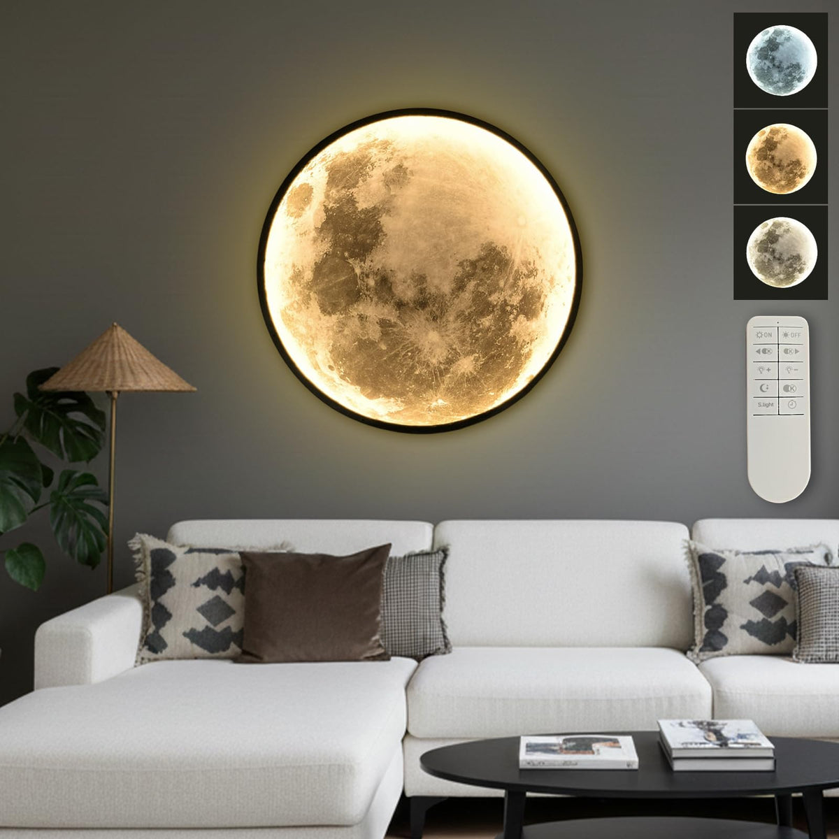 Clcmber Dimmable Moon Wall Light 31.5 Inch Indoor Plug in LED Wall Sconce with Remote Control Black Modern Wall Lamps for Bedroon Living Room Decor Lighted Wall Art