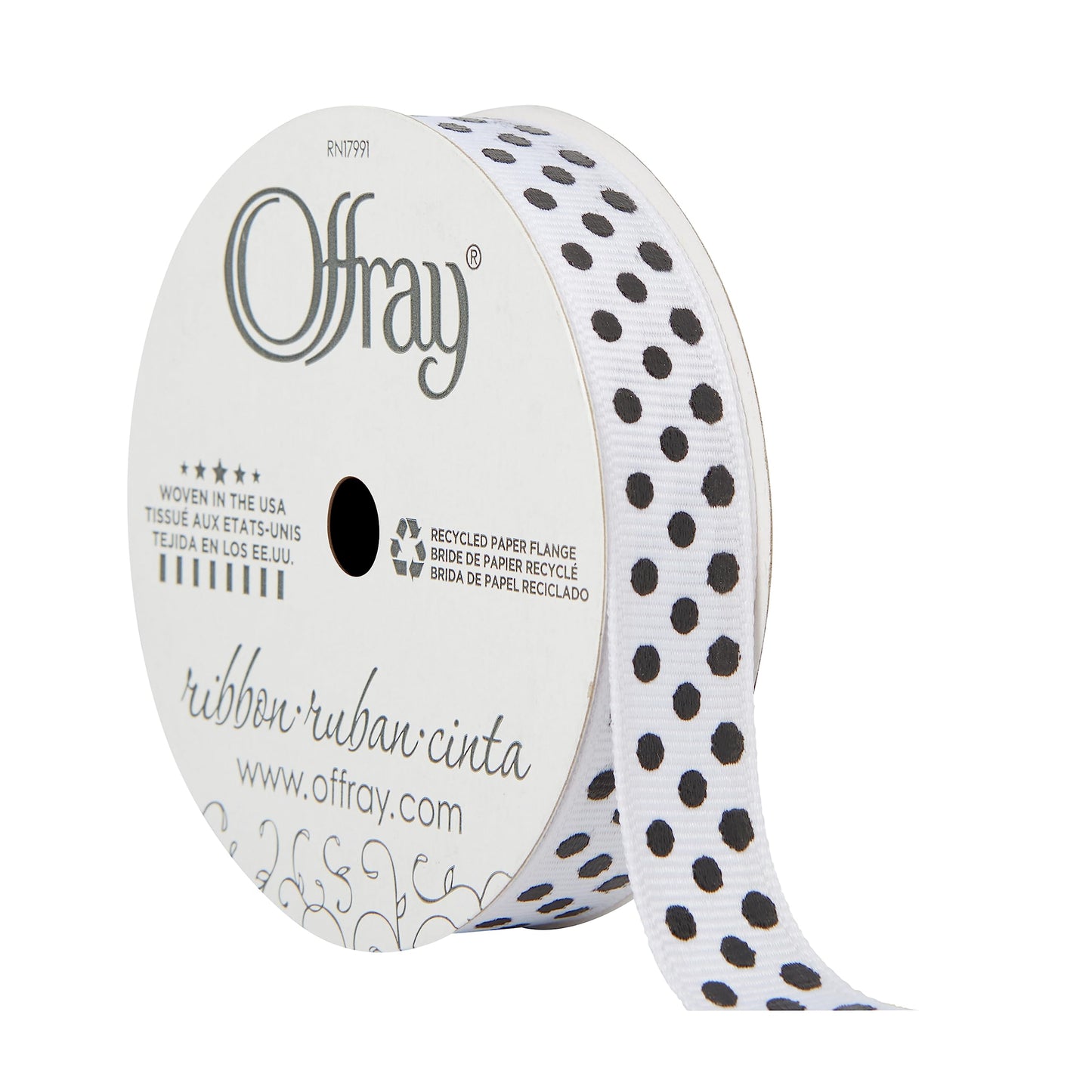 Offray 143252 5/8" Wide Grosgrain Craft and Decorative Ribbon, 9-Foot Spool, Black and White Polka Dots