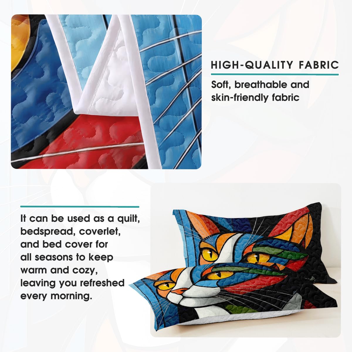 LUSHIS Patchwork Quilt Set, Patchwork Throw Bedspread Bed Sets - Animals Coverlet Sets All Season Soft Microfiber Lightweight Bedding Set (Cat)
