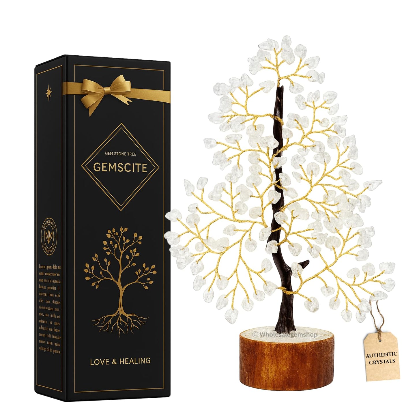 Gemscite Clear Quartz Gemstone Tree 10-12" Handmade Feng Shui Figurine Money Bonsai Good Luck Reiki Healing Crystals with Golden Wire Balancing Decoration for Table Room Decor Gift
