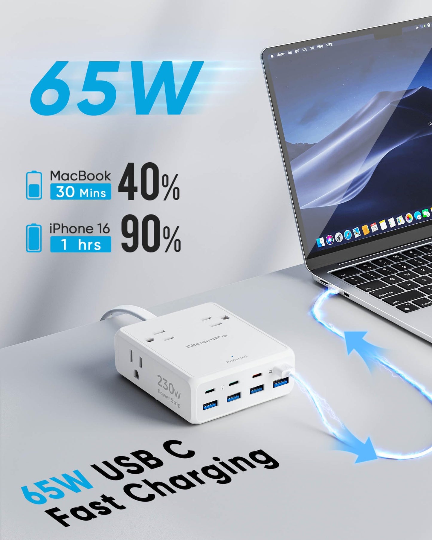Surge Protector Power Strip, Olcorife Ultra Thin Flat Plug Extension Cord 5ft, 8 Outlets 4 USB Ports(1 USB C), Flat Wall Plug Outlet Extender, College Dorm Room Essentials, Black