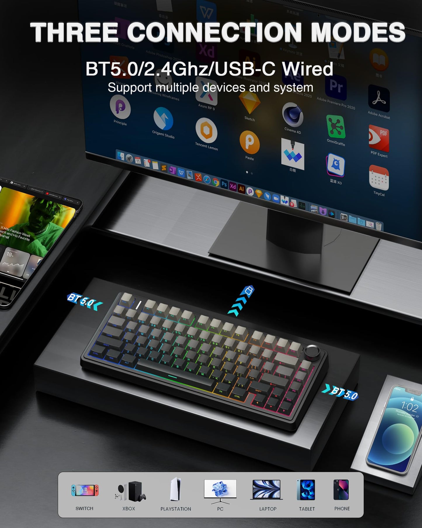 AULA F75 Wireless Mechanical Keyboard, Gasket Mounted, Hot Swappable, Pre-lubed Reaper Switches, RGB Backlit, 2.4GHz/Type-C/Bluetooth Gaming Keyboard (75%)