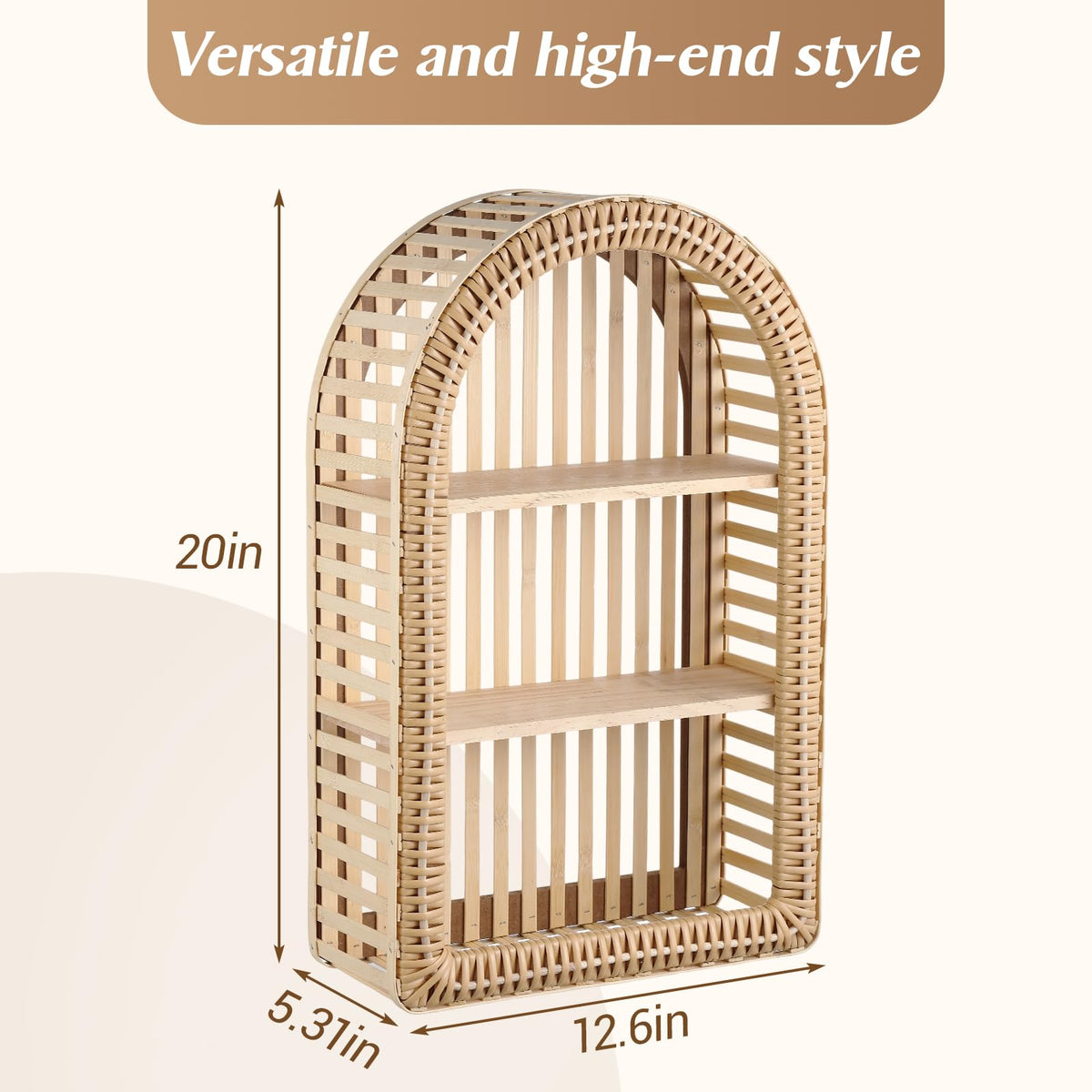 Pinkunn 20'' x 12'' 3 Tier Rattan Wall Shelf Boho Arch Hanging Shelves Arched Wall Mounted Wicker Shelf Decorative Farmhouse Handcraft Floating Storage Display Rack for Bathroom Living Room Decor