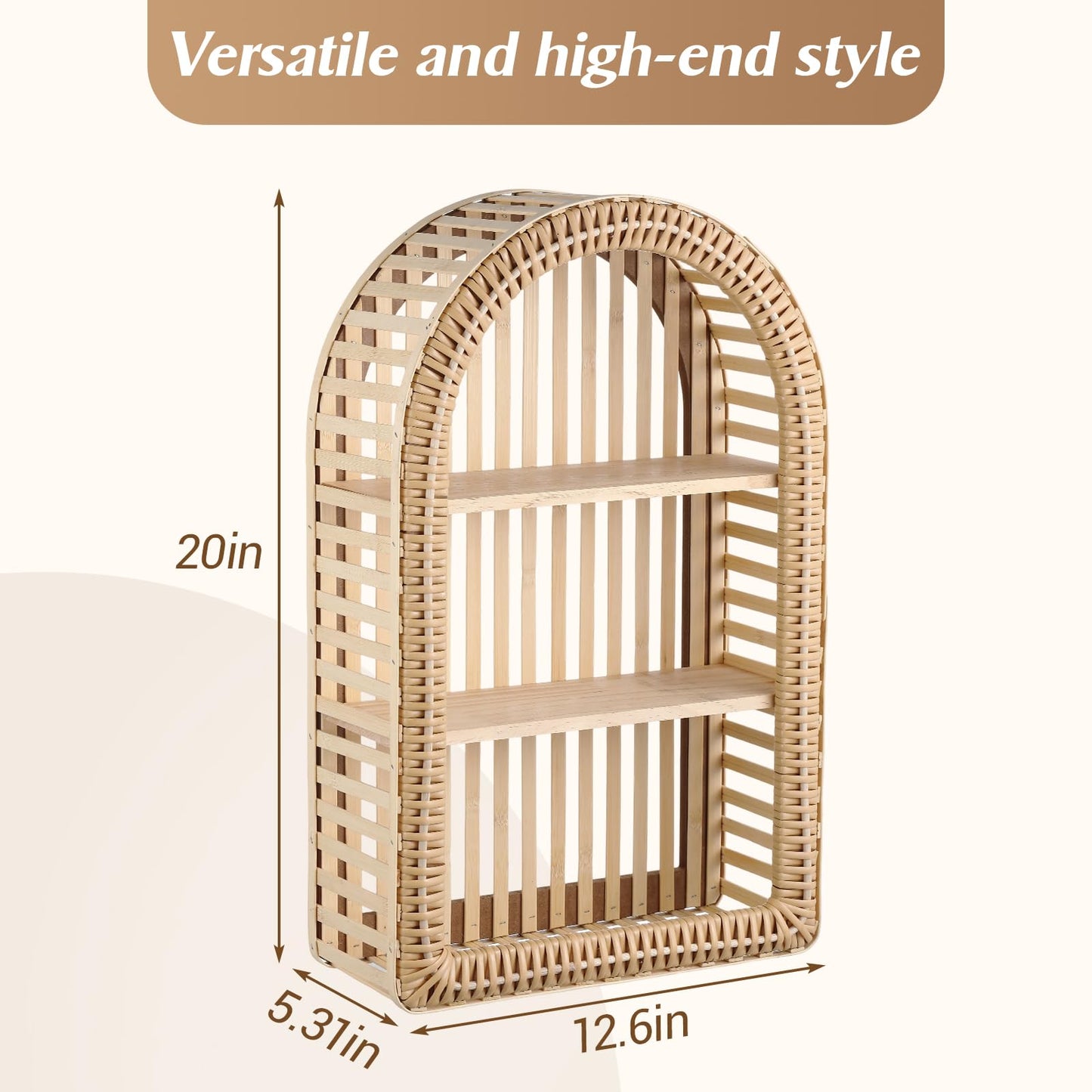 Pinkunn 20'' x 12'' 3 Tier Rattan Wall Shelf Boho Arch Hanging Shelves Arched Wall Mounted Wicker Shelf Decorative Farmhouse Handcraft Floating Storage Display Rack for Bathroom Living Room Decor