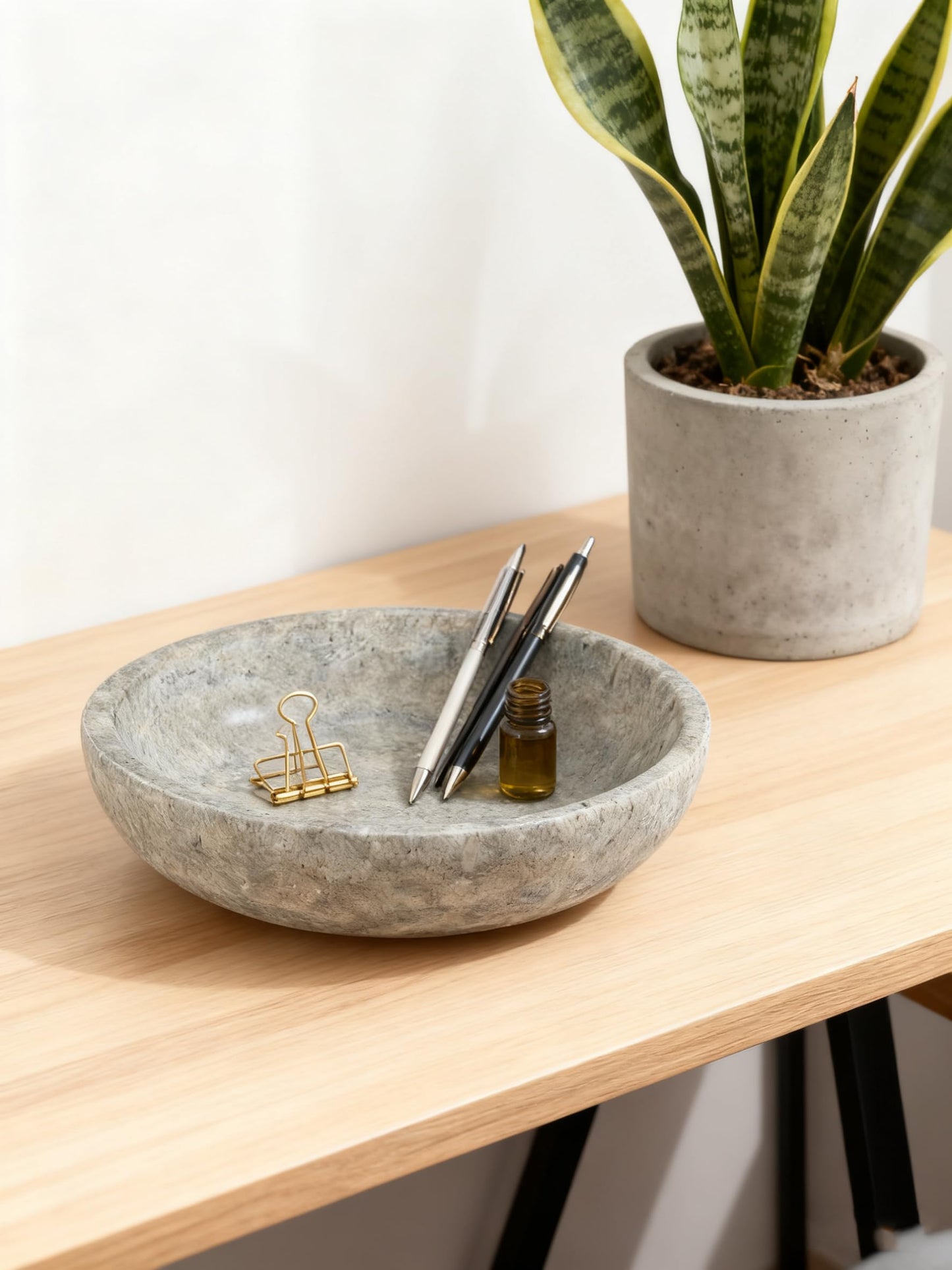 Silver Gray Travertine Bowl, 7.8" Modern Natural Stone Centerpiece for Industrial Home Decor, Handmade Fruit Bowl, Futuristic Tabletop Sculpture,Kitchen Counter, Entryway & Office Desk Organizer