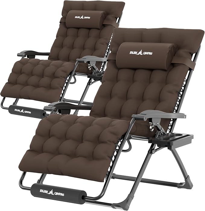 UDPATIO Oversized Zero Gravity Chair Set of 2, 33In XXL Patio Reclining Chair with Cushion, Outdoor Folding Recliner with Pillows|Cup Holder|Foot Rest|Padded Headrest, Brown Grey, Support 500LB