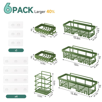 Veken Rustproof & Waterproof Shower Caddy 6-Pack, No Drilling Adhesive Shelves Rack with Soap Holder, Large Capacity Bathroom Organizers and Storage, Wall-Mounted Kitchen & Home Decor, Green