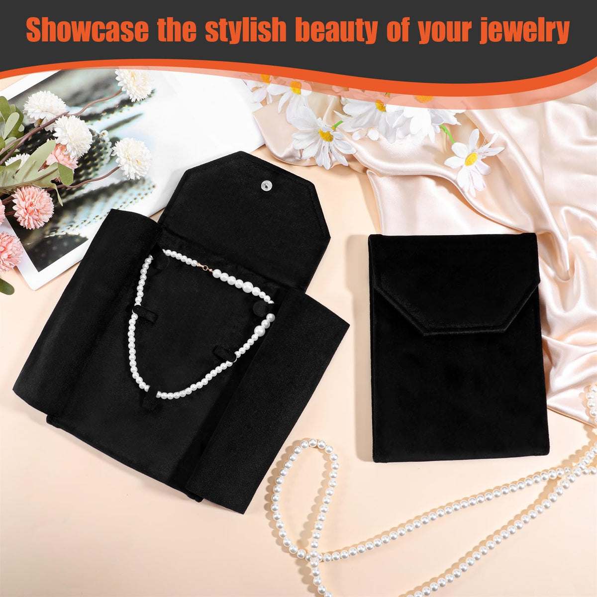 6 PCS Black Velvet Jewelry Travel Folder, Necklace Organizer Foldable Velvet Jewelry Pouches Foldable with Metal Buckle Gift Box for Necklace, Bracelets, Travel, Business Trips and Gift Wrapping