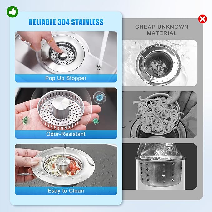 3 in 1 Kitchen Sink Drain Strainer, Universal Pop Up Stopper