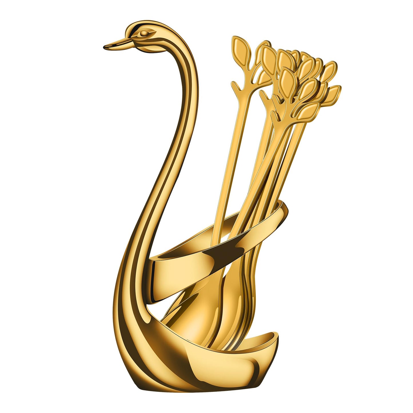 AnSaw Gold Swan Base With 10-Pcs Mini Leaf Coffee Spoon Holder Set - 4.7"