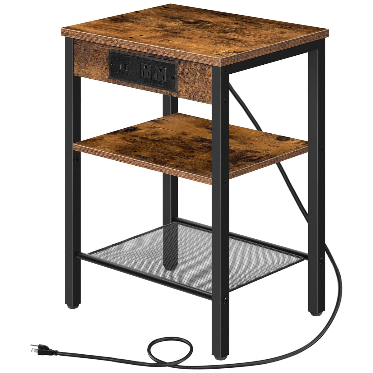 HOOBRO Side Table with Charging Station and USB Port, Small End Table for Small Space, 3-Tier Nightstand with Adjustable Shelf, for Living Room, Bedroom, Rustic Brown BF112BZ01