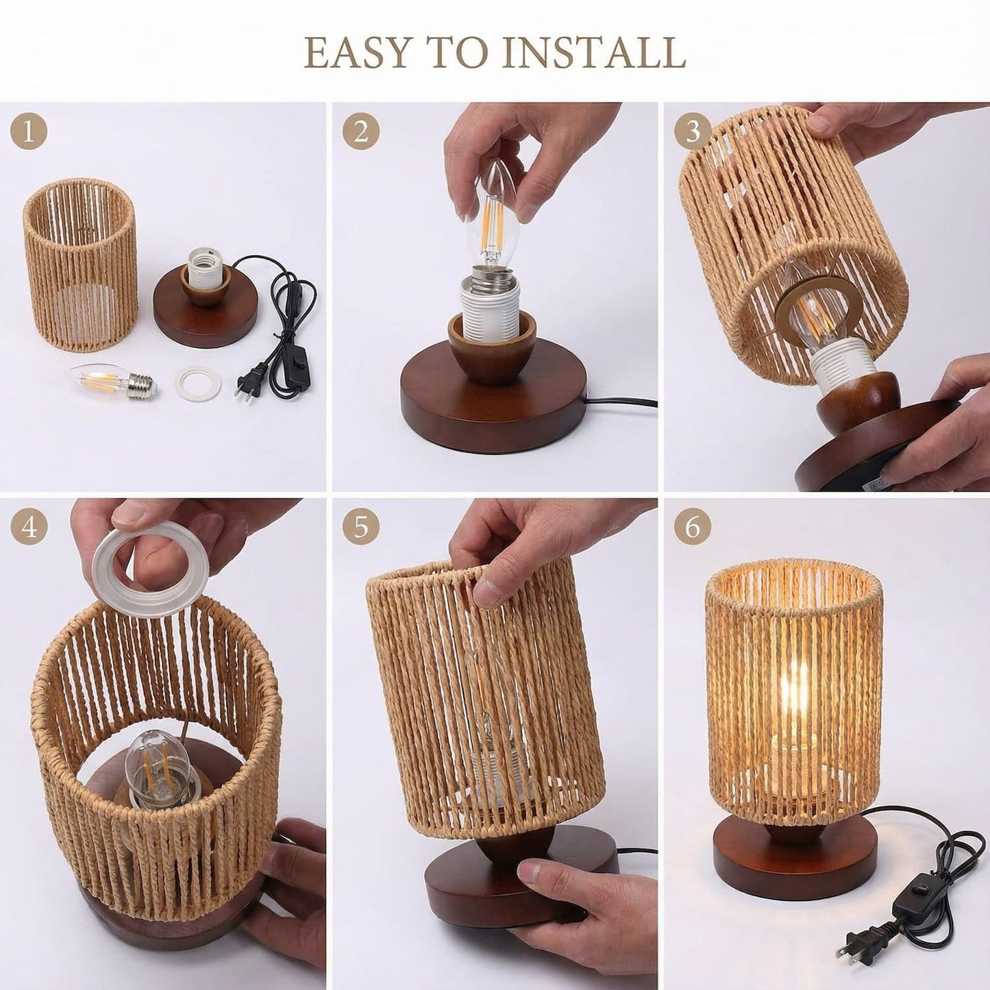 DKCONONY Small Rattan Table Lamp for Bedroom, Boho Bedside Lamp with Warm LED Bulb, Handwoven Wicker Nightstand Lamp for Nursery, Entryway & Dorm, Mini Ambient Night Light with Wood Base (8.6" Tall)