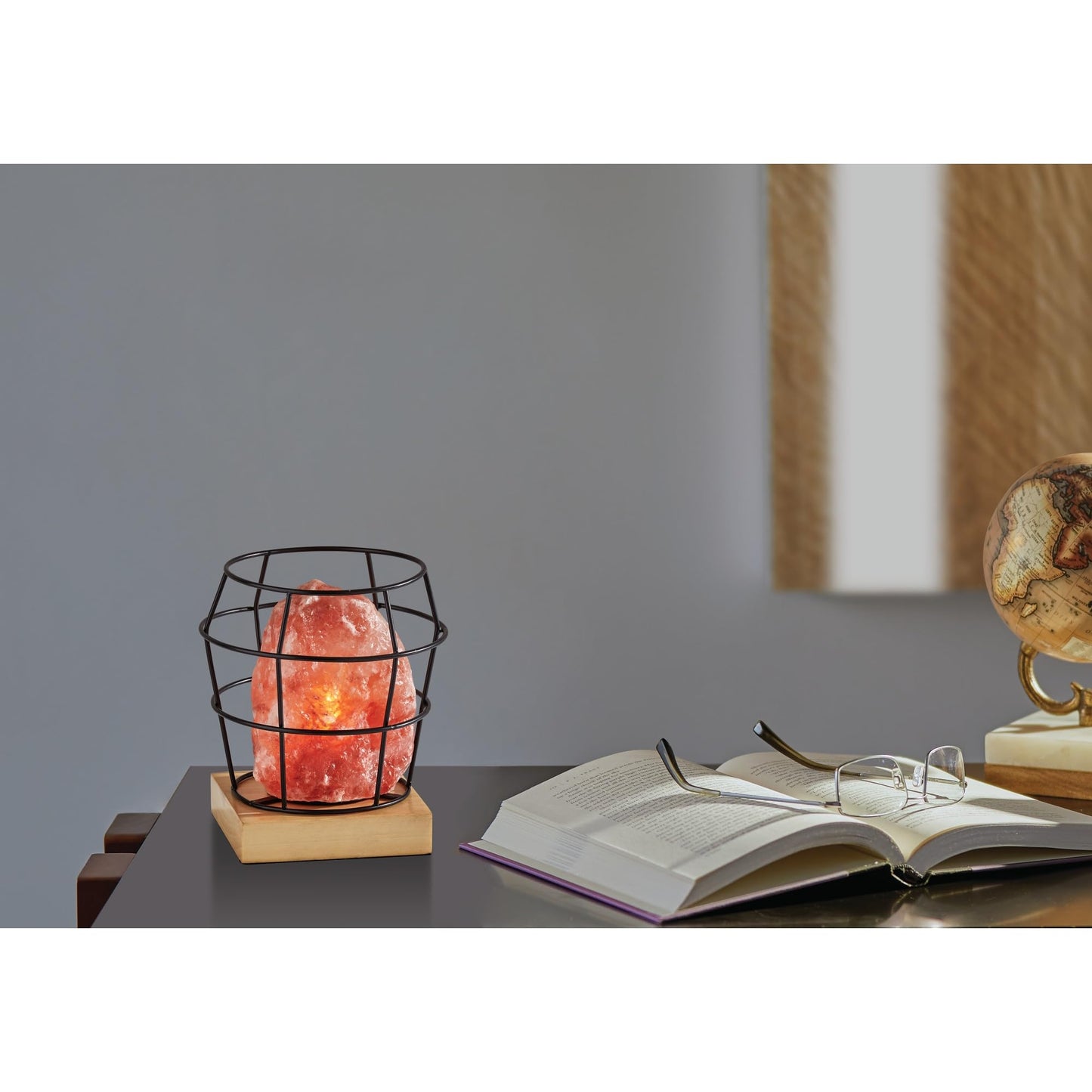 Adesso SL1147-12 Faith Himalayan Salt Table Lamp, 8 in., 7W Type B Bulb, Black Metal/Natural Wood, 1 Novelty Lamp
