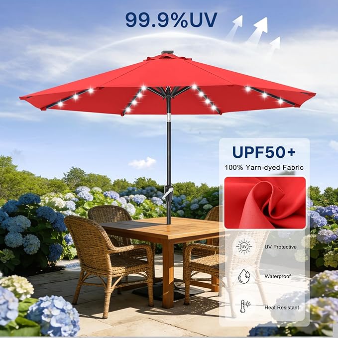 ABCCANOPY Durable Solar Led Patio Umbrellas with 32LED Lights 9FT (Red)