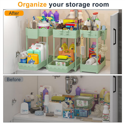 3 Pack Under Sink Organizers, 2-Tier Multi-Use Kitchen and Bathroom Organizers and Storage with Sliding Drawers，Bathroom Cabinet Organizer (Black, 12.8 Inch)