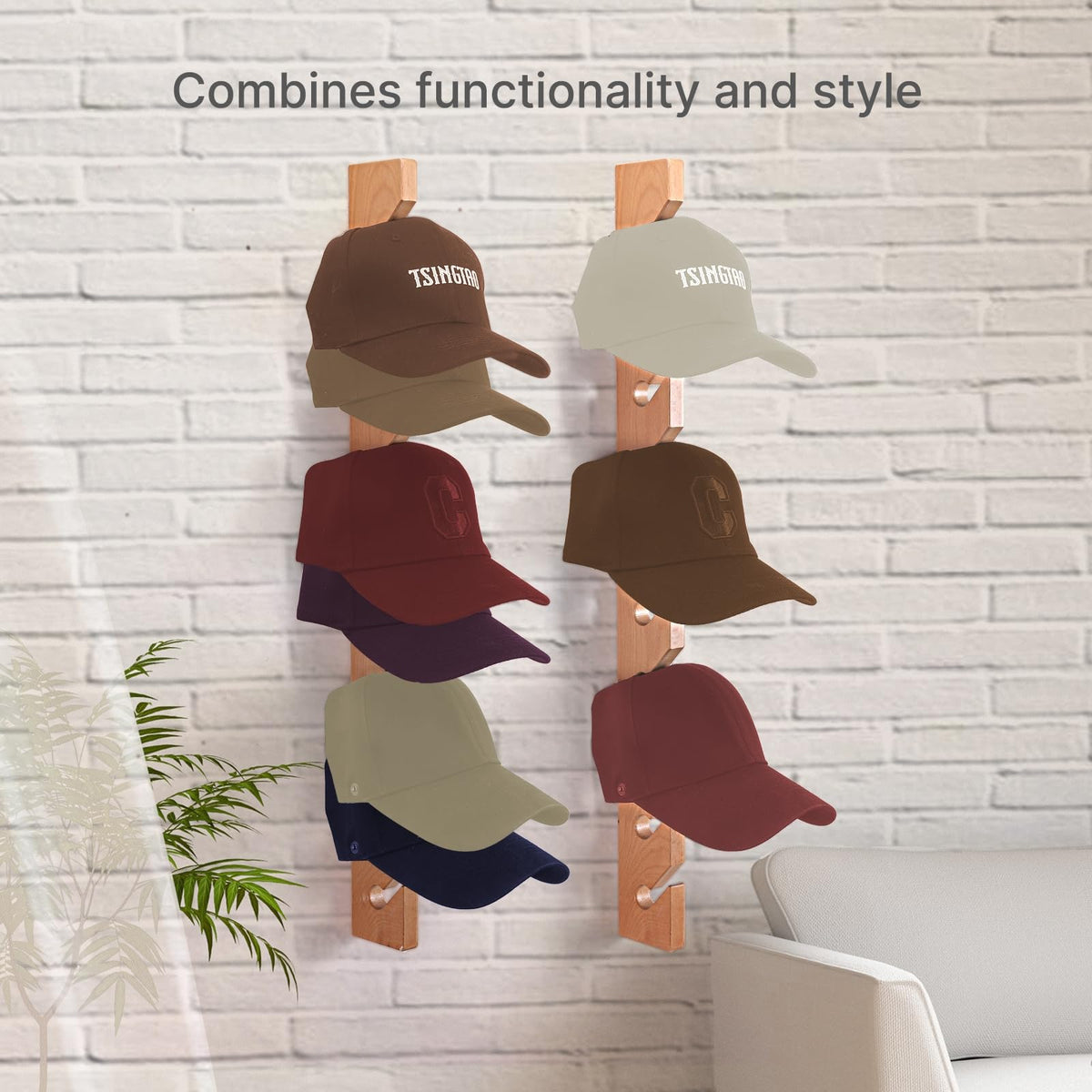 Onzbala Solid Wood Hat Rack for Wall (2 Pack) - 20 Baseball Cap Organizer - Premium Beech Hat Holder & Vertical Display - Heavy Duty Hat Hangers for Closet, Door, Mens Room Decor (Natural)