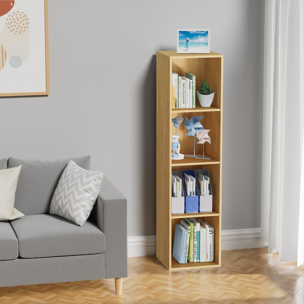 Nestwise 4 Tier Bookshelf, Freestanding Corner Storage Shelve Book Case for Narrow Space, 4 Cube Storage Organizer Small Bookcase for Home Office Living Room (Oak, 4 Cube)